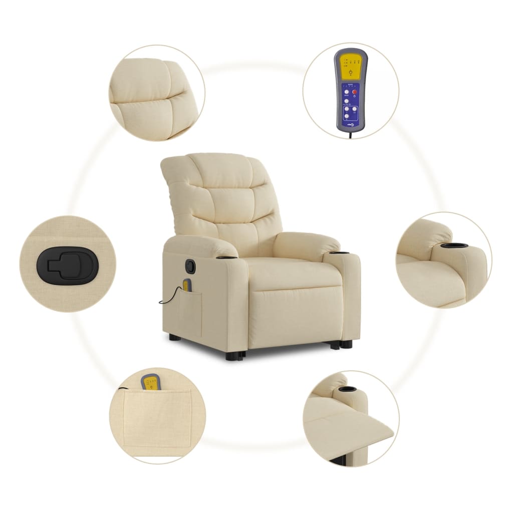 Vidaxl Lift-Up Massage Chair, Reclining, Cream, Fabric Upholstered