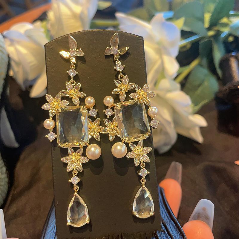 French Butterfly Flower Drop Earrings Elegant Hyland Gemstone Micro-Set Earrings Women'S Gold Jewelry