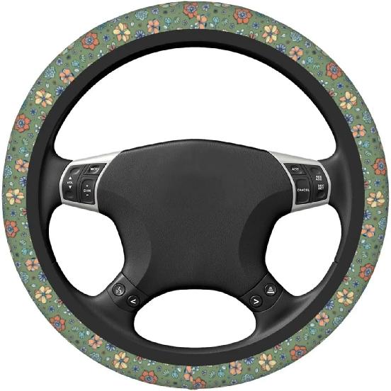 Sage Green Hippie Flower Auto Car Steering Wheel Cover Universal 15 Inch Neoprene Interior Decor Protection Accessories