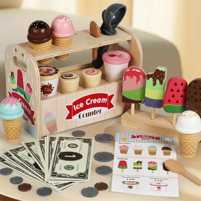 Holz-Eiscreme-Theke Spielset - Enthält Eiswaffeln Eisportionierer Und Toppings Montessori Rollenspiel Lebensmittel Spielzeug Kinder