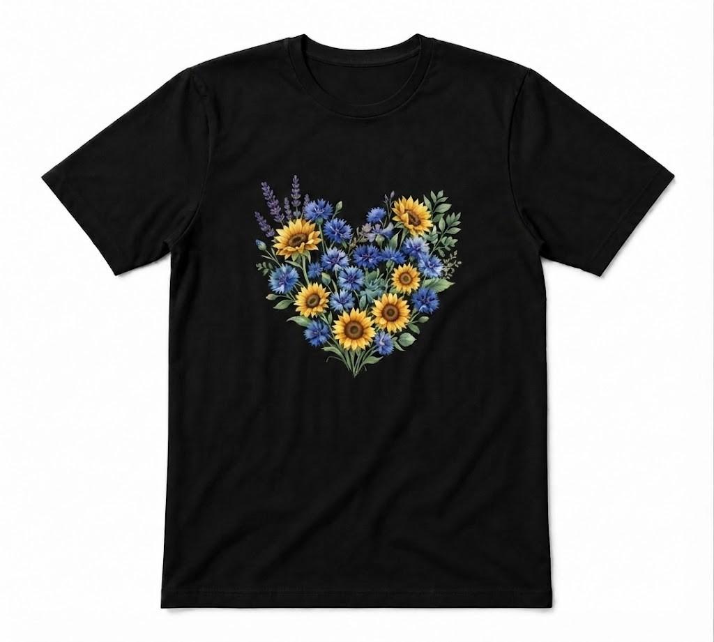 Sunflower Blue Flower Heart Floral Heart Nature Gifts Tee Black T-shirt