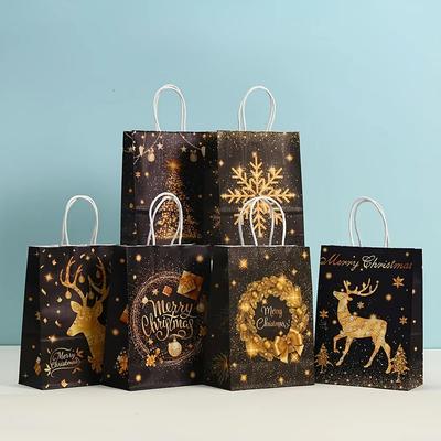 6pcs Bronzing Christmas Kraft Paper Bags Elk Snowflake Gold Black Paper Gift Bags Party Decor Christmas Tree Gift Packaging Bags