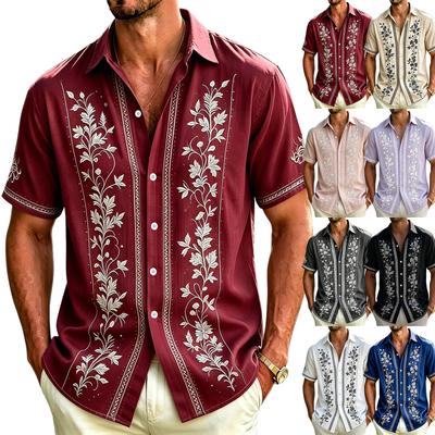 Men Short Sleeve Button Down Shirt Embroidered Floral Design Lightweight Casual Relaxed Fit Collared Top