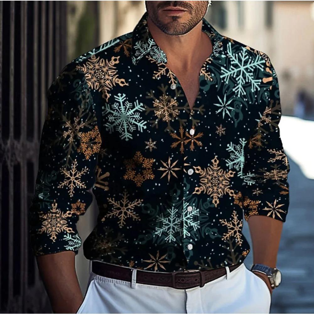 Men's Snowflake Printed Long Sleeve Shirts Casual Cardigan New Button Holiday Fashion Shirts