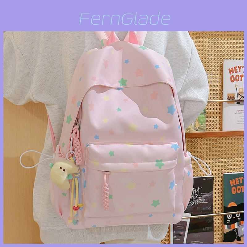 Cute Colorful Star Patterned Student Lightweight Backpack With Plush Pendant For School Travel