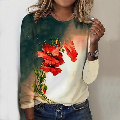 Top per primavera e autunno, stampa floreale color cartamo, scollo rotondo, manica lunga, t-shirt autunnale casual slim, top a maniche lunghe da donna