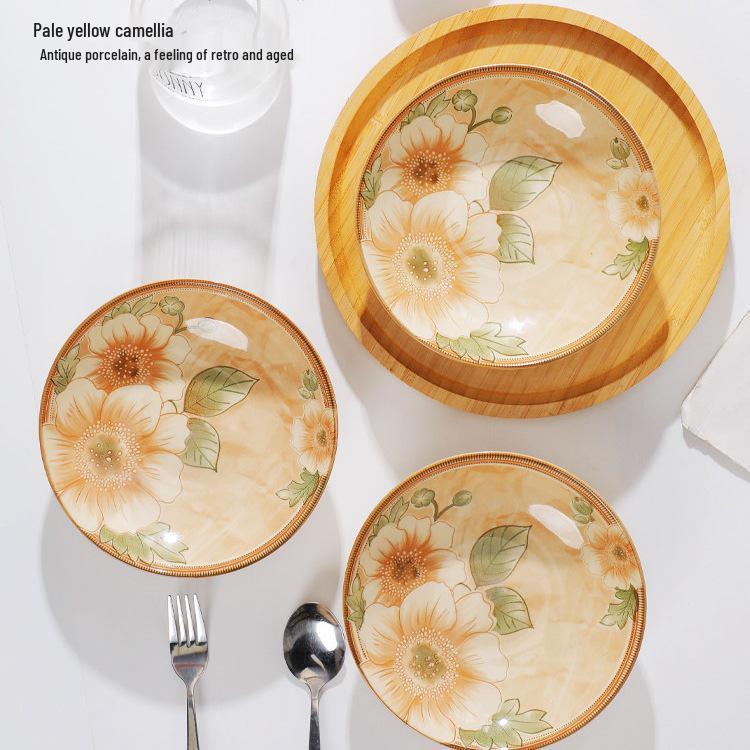 Set aus 2 kreativen tiefen Keramik-Suppentellern, rund, mit Jasminblumen-Unterglasur