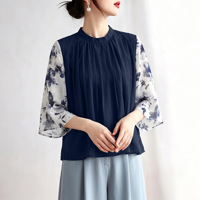 ZANZEA Women Elegant Casual Stand Collar Floral Print Splice 3/4 Sleeve Loose Blouse S