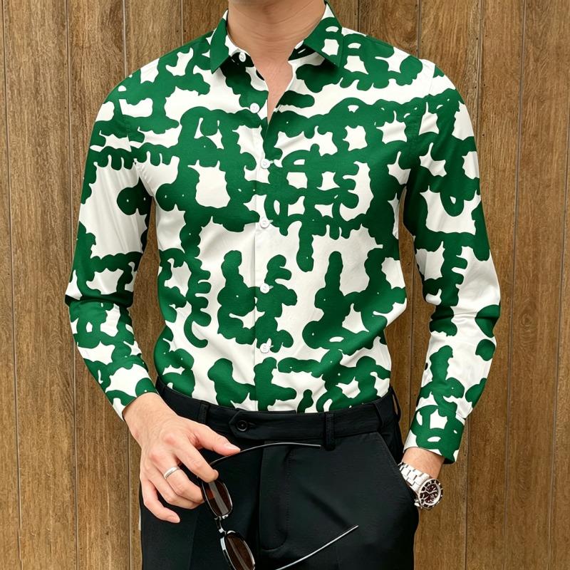 Men's Abstract Graffiti Print Long-Sleeve Shirt, Smooth Drape, Trendy Lapel Shirt, High-Street Luxury Versatile Men's Top