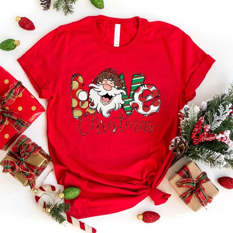 Fashion Christmas Love Santa Claus Print T-Shirt Girl T Shirt Soft Print Top Unisex Tee Clothing Casual O-Neck Short Sleeve