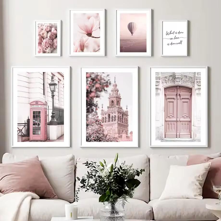 Pariser Turm Kirche Retro Auto Pfingstrose Wandkunst Leinwandbild Nordische Poster Drucke Wohnzimmer Heimdekoration Landschaftsmalerei