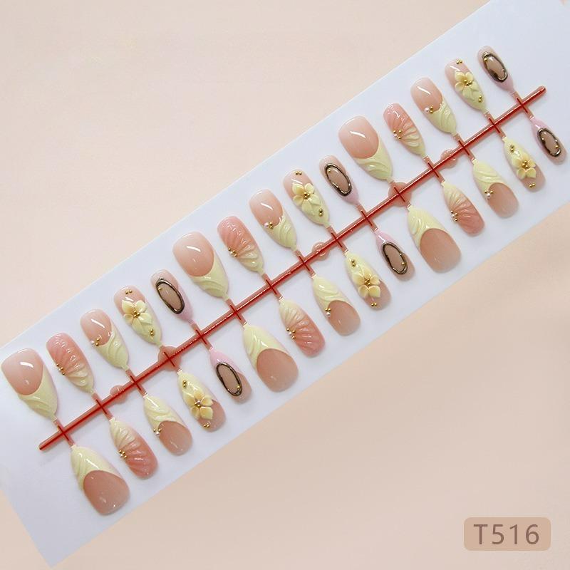 Cream Yellow Tiny Flower Glitter Press On Nails Medium Almond Sweet French For Ladies 30pcs Strip & Box