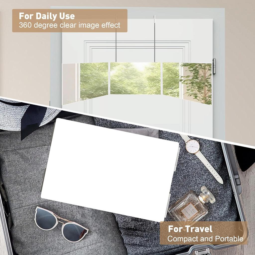 Portable Trifold Vanity Cosmetic Mirror with Height Adjustable Hooks for Self Hair Cutting Makeup Folding for Bath and Travel