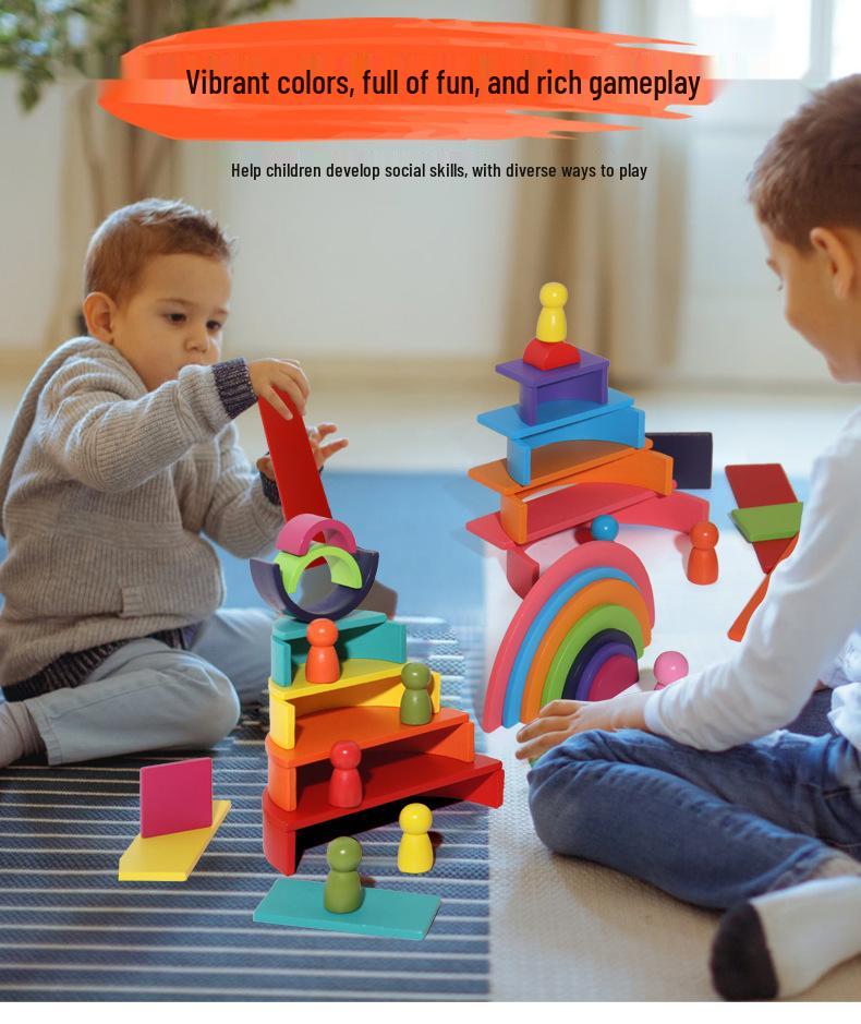 Colorful Wooden Rainbow Arch Bridge & People Stacking Blocks for Children's Early Education