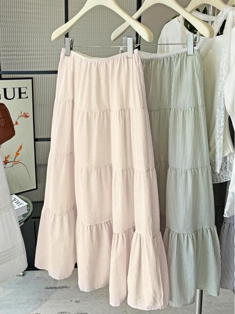 Korean-Style Sweet High-Waisted Ribbed A-Line Midi Skirt, Women's Spring/Summer New Arrival, Slimming Versatile Umbrella Design, Big Hem Skirt