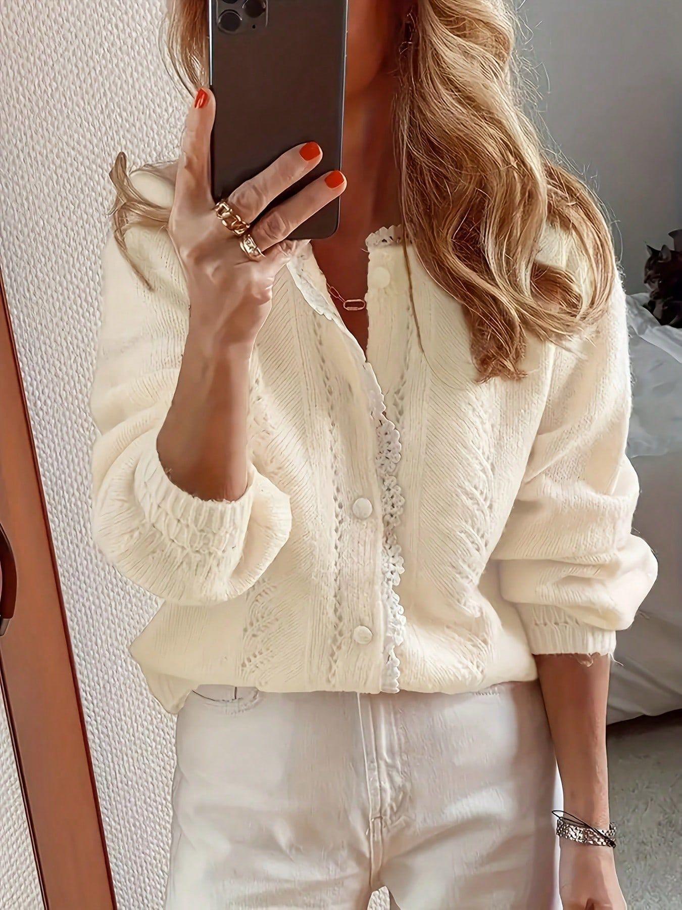 European, American autumn and winter women s lace solid color knitted cardigan women s crochet hollow long-sleeved single-breasted sweater jacket S