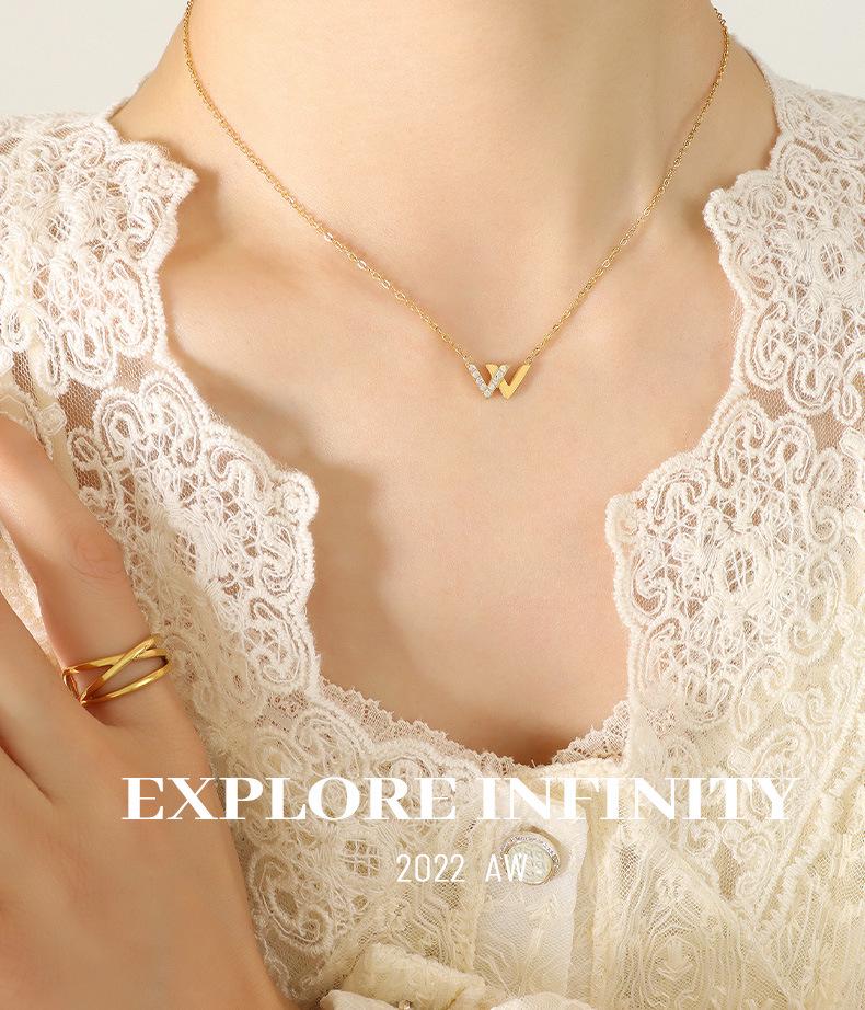 Korean Trendy Rhinestone 'W' Pendant Necklace in 18K Gold-Plated Titanium Steel