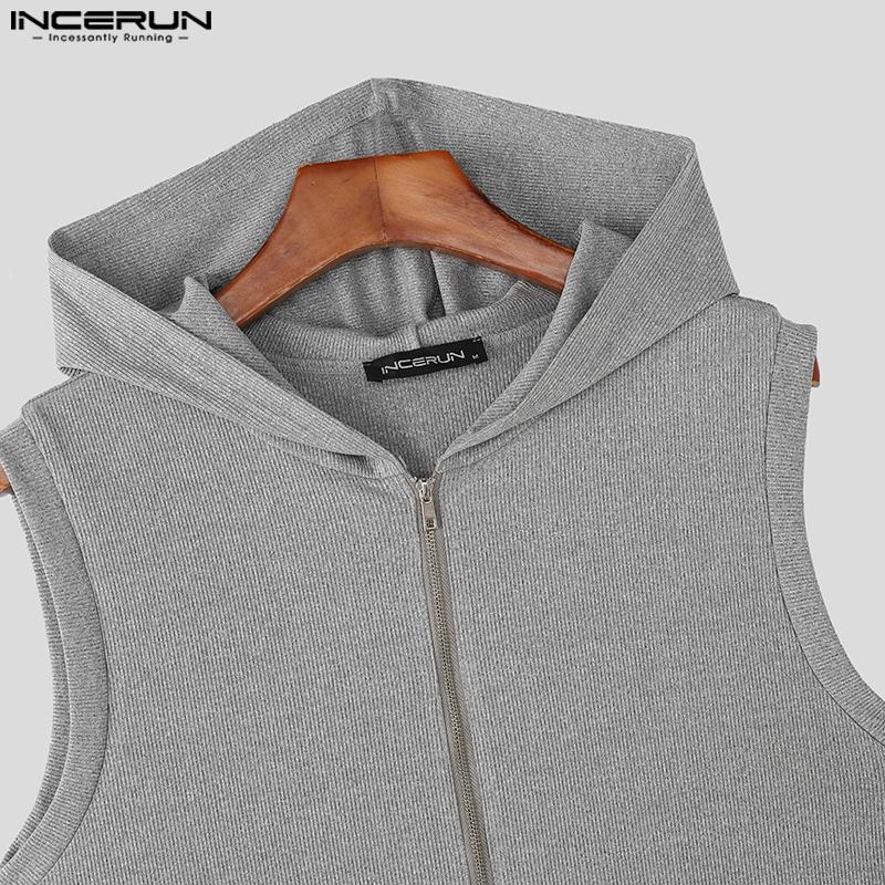 INCERUN Men Sleeveless Zip-up Rib Casual Hooded Tank Tops 