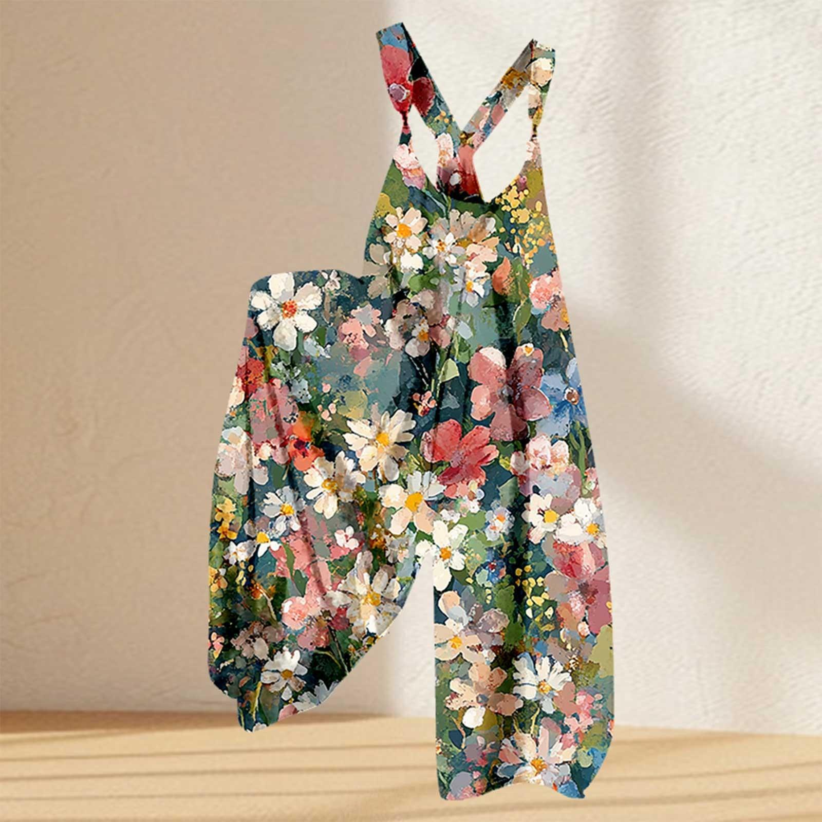 

Женский комбинезон с цветочным принтом, повседневный свободный комбинезон из хлопка и льна XXXL