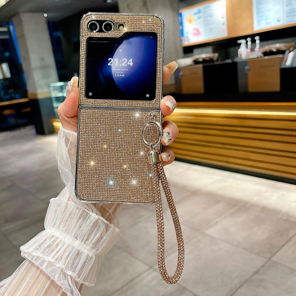 Custodia Braccialetto con Catena Glitterata e Diamanti per Samsung Galaxy Z Flip 6 5 4 3 flip6 Zflip Braccialetto Bling Strass Antiurto Cover Rigida