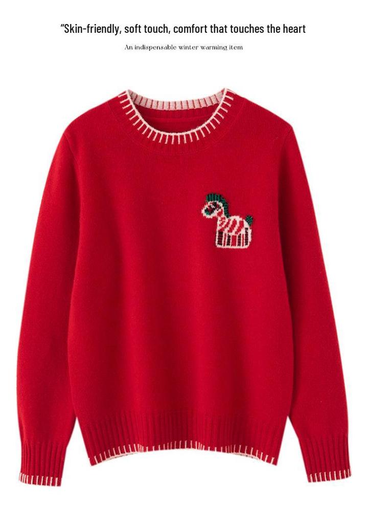 Women's Loose Color Block Round Neck Wool Sweater - Autumn/Winter Thick Knitted Layer