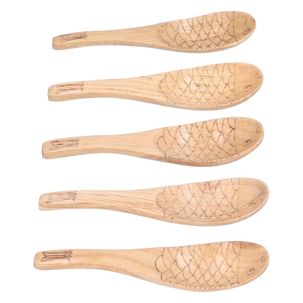 5Pcs Soup Spoon Fish Shaped Carved Wooden Rice Spoon Kitchen Tool for Mixing Cooking
