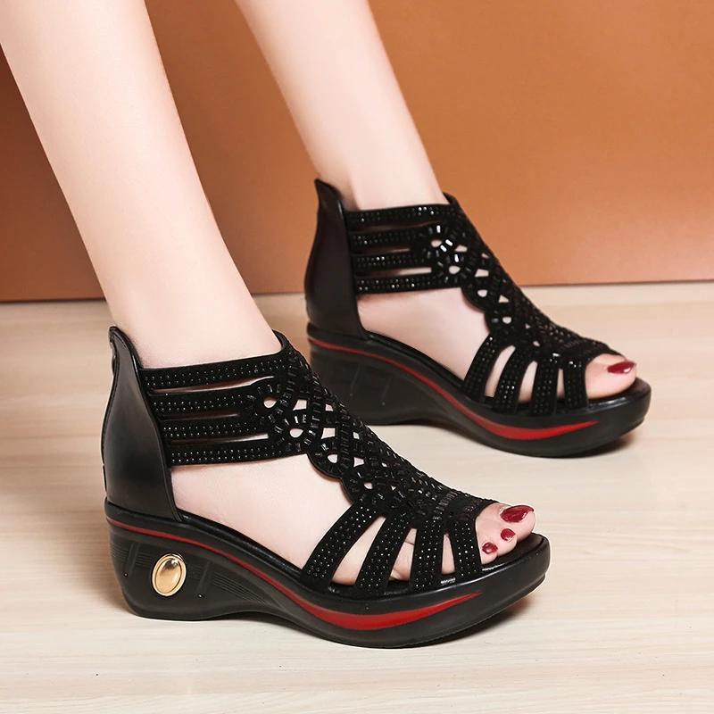 Fashion 2025 Summer Wedges Peep Toe Sandals Rhinestone Rome Back Zip Comfortable Outdoor Casual Footwear for Women's Daily Versatile