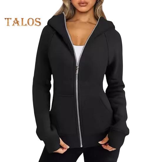 Lady Hoodie Jacket Plush-lined Solid Color Zipper Closure with Pockets Elastic Cuffs And Hem Long Sleeves Cardigan Casual Daily Coat