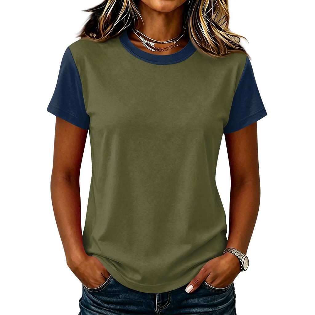 Women's Casual Pullover Short Sleeve T Shirt Color Block Crew Neck Top Lightweight Soft Fabric Comfortable Fit