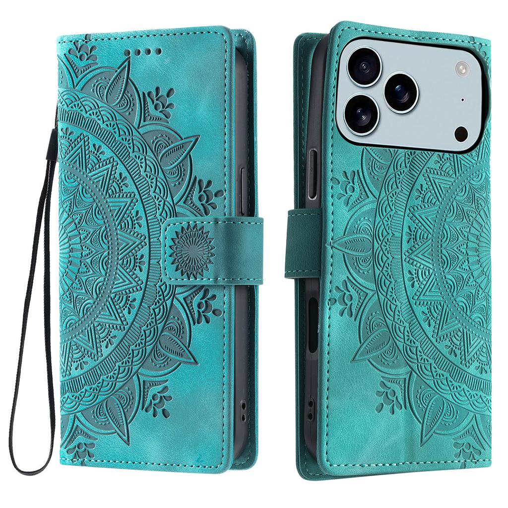 For iPhone 17 Pro Max Case Imprinted Totem Skin Feel Wallet Leather Phone Cover with Hand Strap