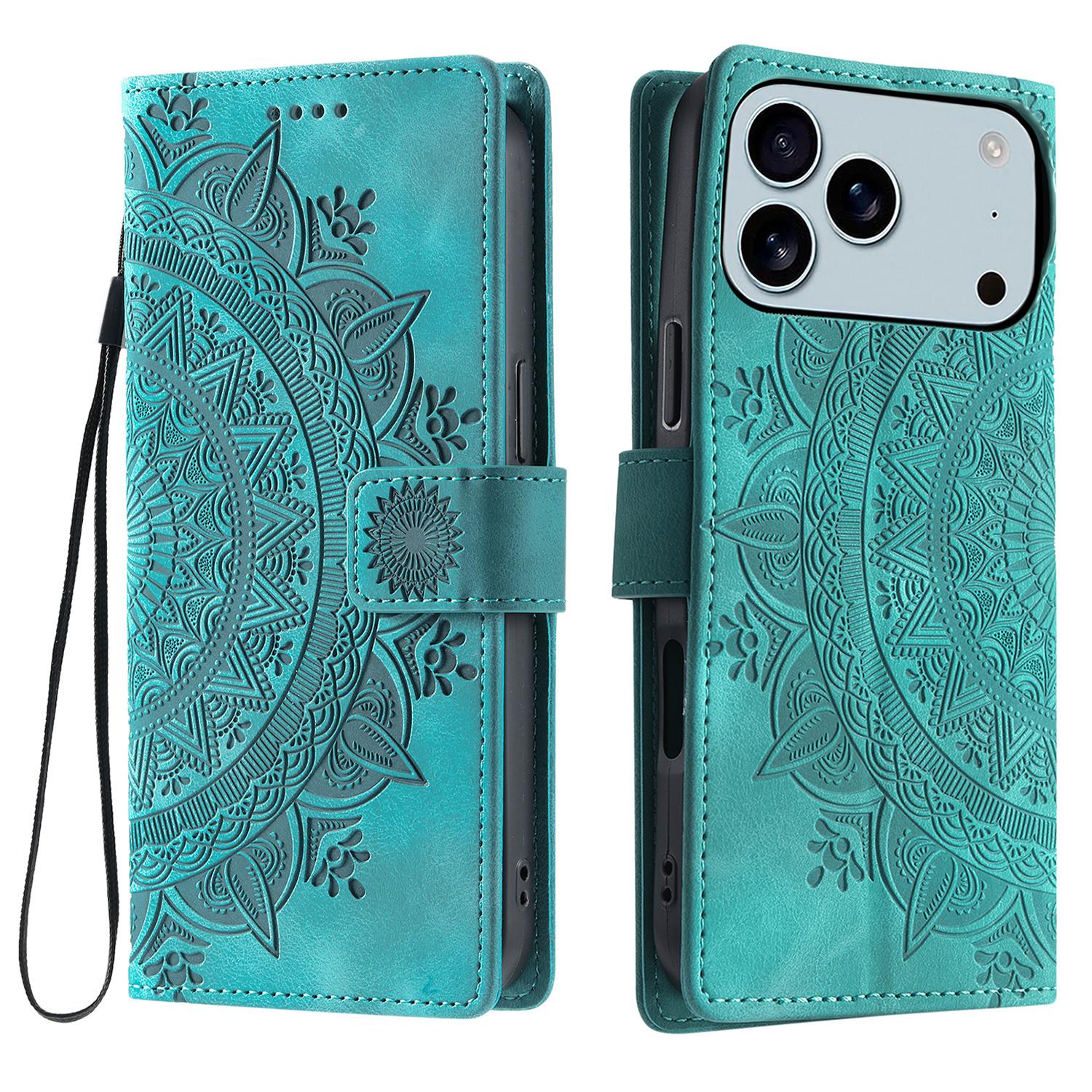 

For iPhone 17 Pro Max Case Imprinted Totem Skin Feel Wallet Leather Phone Cover with Hand Strap Mint Green