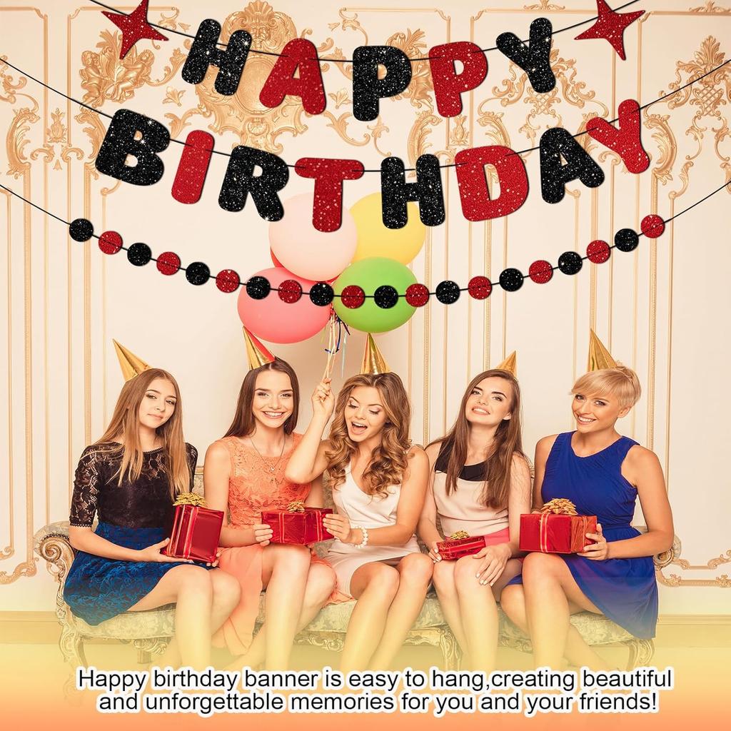 Red and Black Happy Birthday Banner Glitter Garland for Black and Red Decorations Happy Birthday Decorations for Women Men Boys Girls 25st 30st 40st