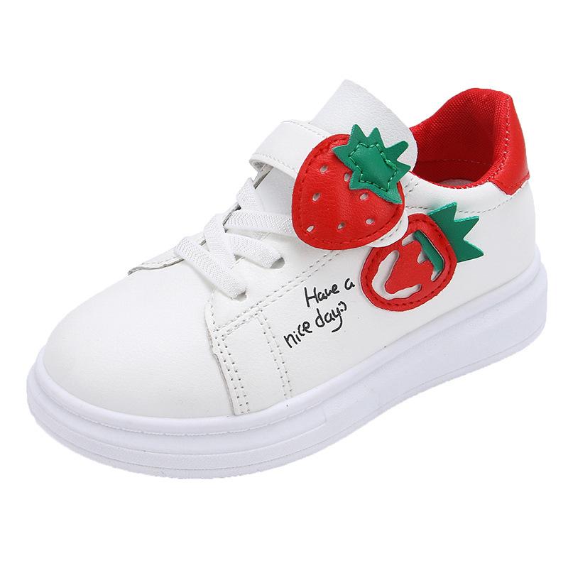 2025 Spring and Autumn Strawberry Student Flat White Shoes Girls Casual Sports Shoes White Running 3-12 Years Old Board Shoes