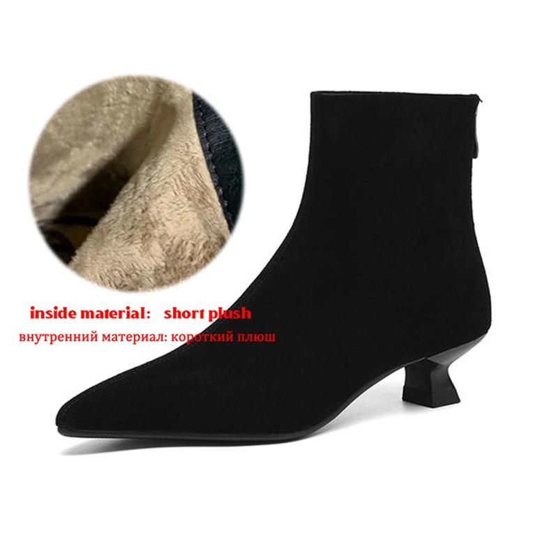 Krazing Pot Cow Suede Nubuck Winter Pointed Toe Preppy Style Stiletto Thin Med Heels Women Zip Women Ankle Boots