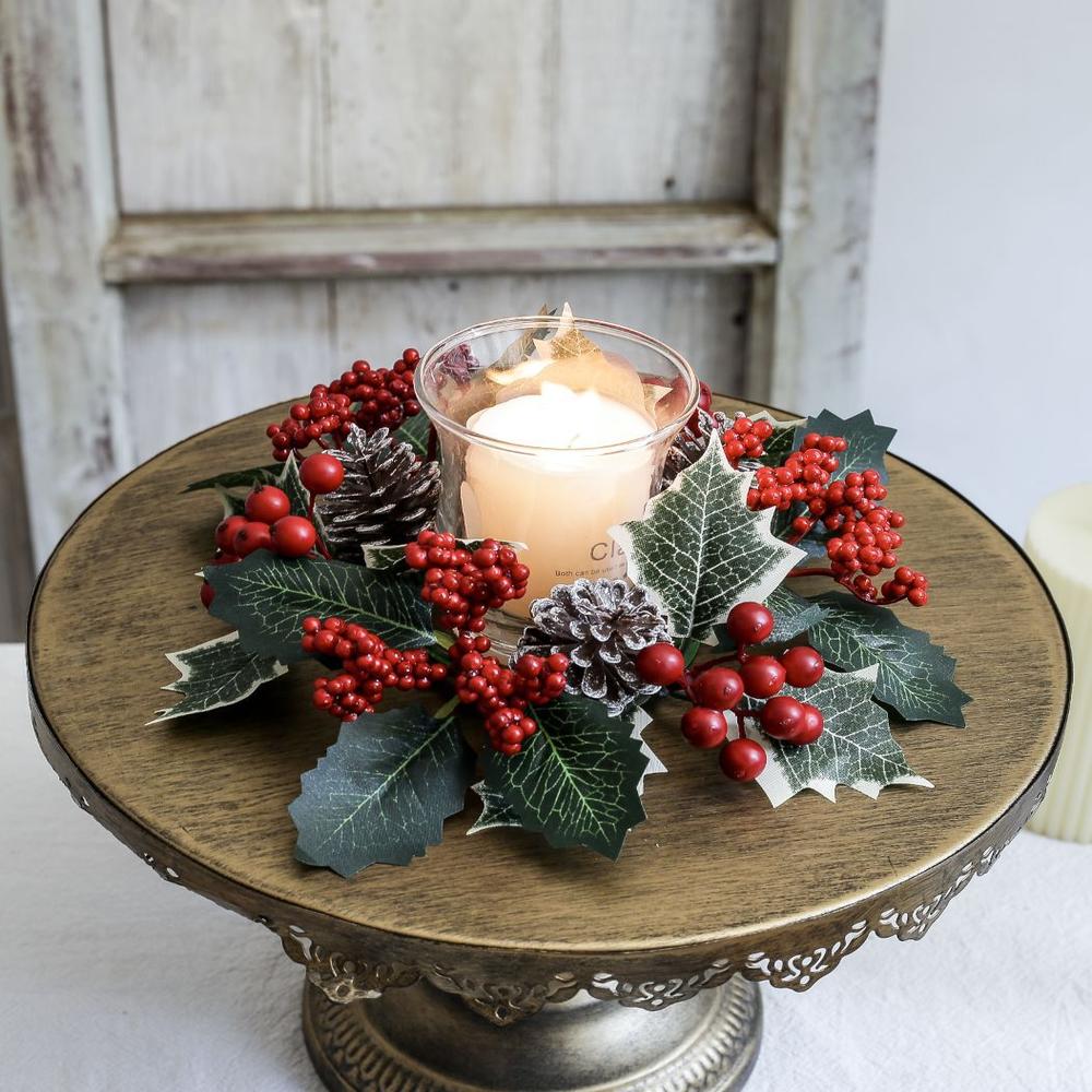 Christmas Candlestick Wreath Red Fruit Artificial Flowers Candle Ring Xmas New Year Table Decoration Candle Holder Garland