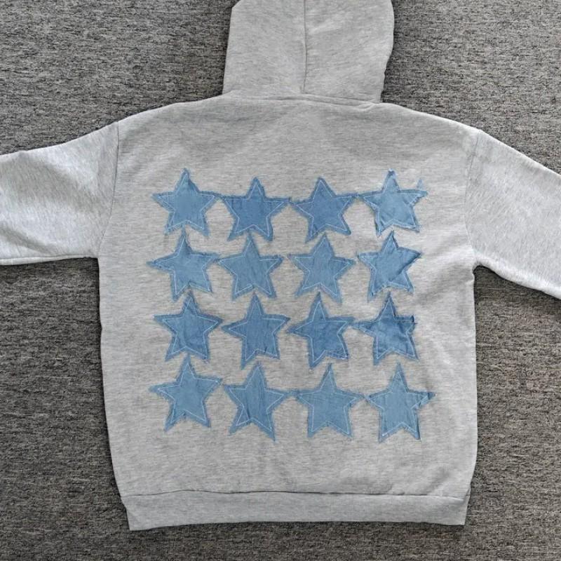 Unisex Harajuku Streetwear Hooded Zip-Up Sweatshirt With Embroidered Star Patch Print