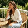 Early Autumn Women Shirt V-Neck Long Sleeves Shirt, Solid Color Button Front Cotton Casual Linen Blouse, Breathable Loose Fit Top for Daily