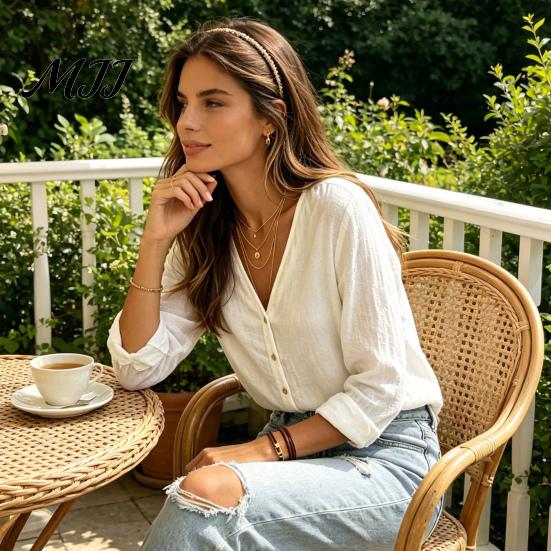 Early Autumn Women Shirt V-Neck Long Sleeves Shirt, Solid Color Button Front Cotton Casual Linen Blouse, Breathable Loose Fit Top for Daily