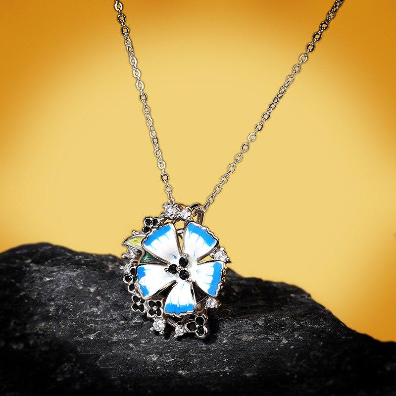 Vintage Bohemian Pendant Necklace Women Handmade Enamel Blue Flower Petal Leaf Dangle Earrings Wedding Party Jewelry