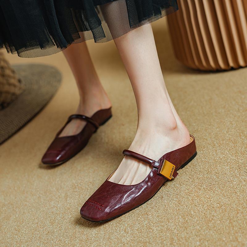 

Fashion 2024 Summer Women Mules Genuine Leather Shoes for Women Cover Toe Low Heel Slippers Square Toe Sandals Internal Elevation Shoes 40
