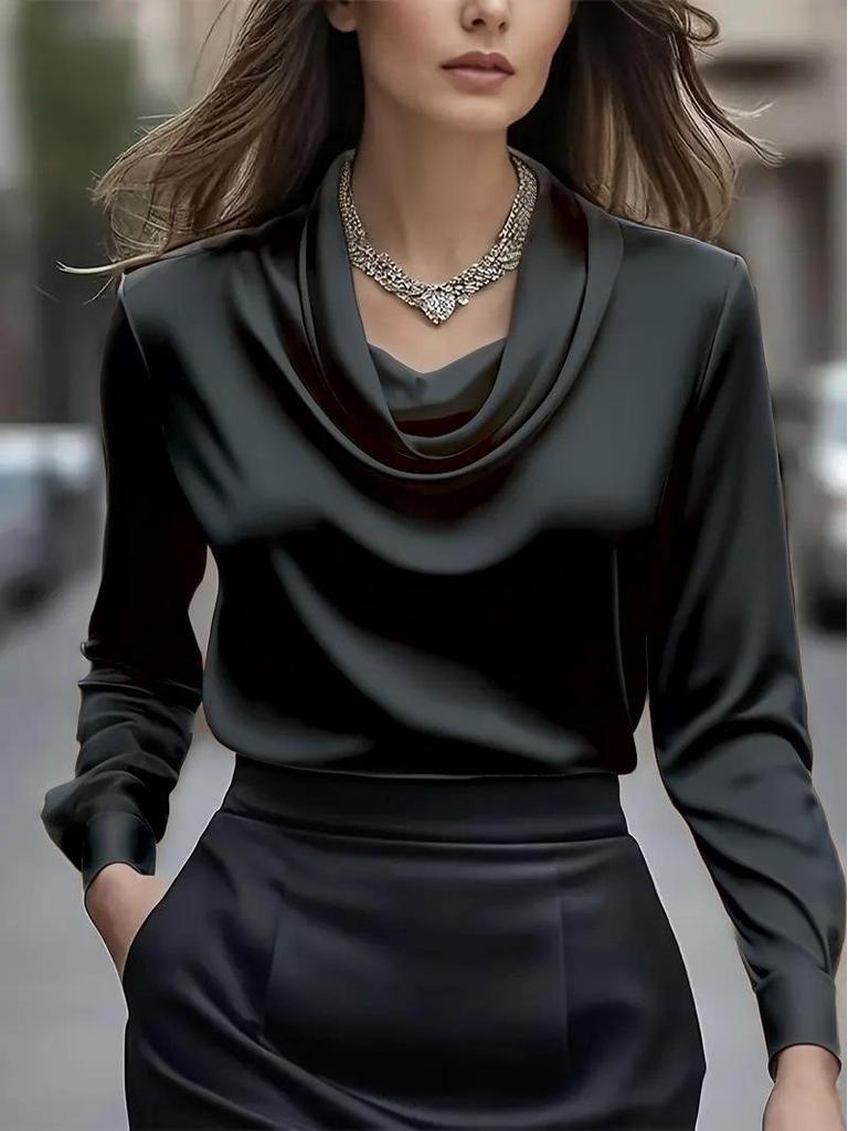 2025 Autumn/Winter Elegant High Neck Satin Gabardine Long Sleeve Shirt