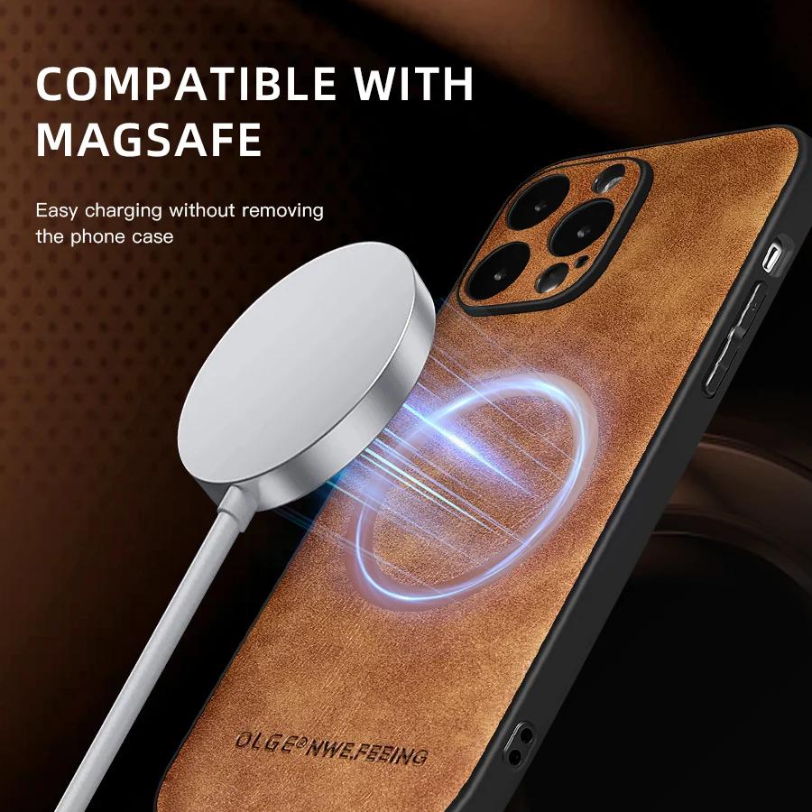 Luxuriöses Kalbsleder O-Ring Magnetisches Lederetui für iPhone 16Plus 16ProMax 16Pro 16 Stoßfestes Kabelloses Ladeetui Capa