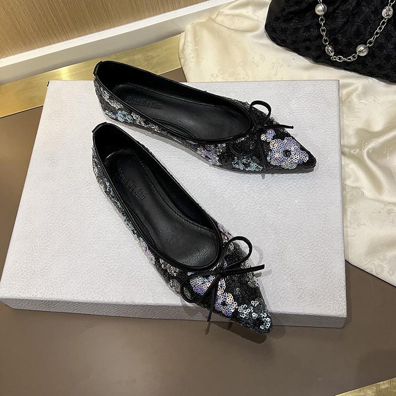 Fashion Flat Shoes for Women 2025 Spring Autumn Sequins Bling Shallow Pointed Bow Ladie Shoe Plus Size Women's Shoes 41-43 Loafers Women