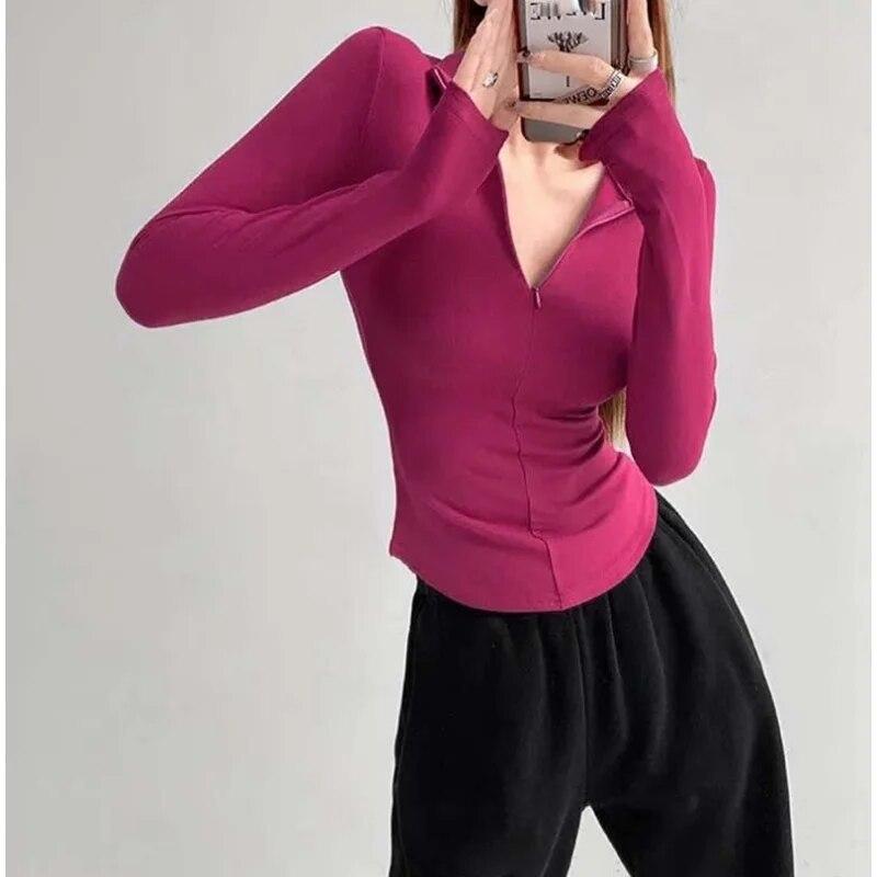 Elastic Tight Sexy Lapel Long Sleeve T-shirt Women Hottie Turndown Collar Slim Undershirt Inside Velveteen Sports Shirt Casual