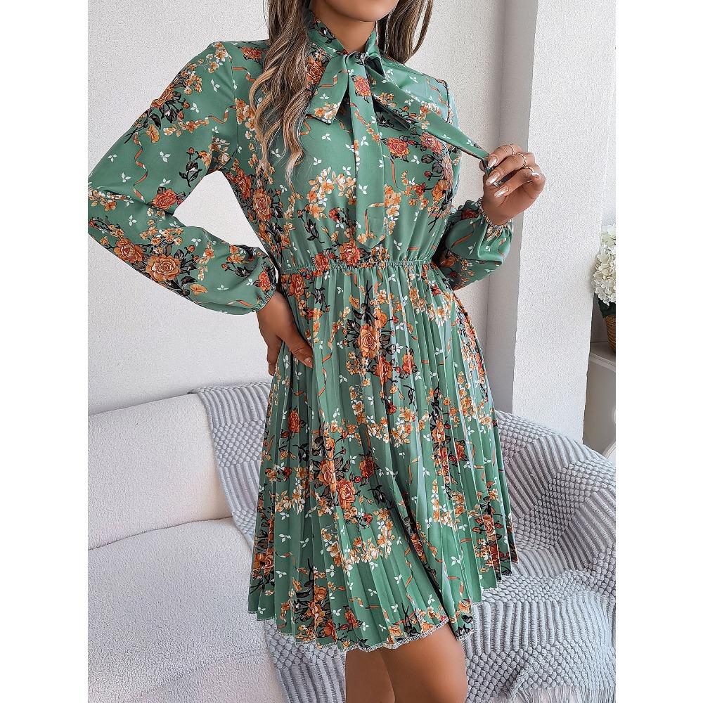 New Elegant Floral Tie Waist Long Sleeve Pleated Skirt Women's Fashion Dresses
