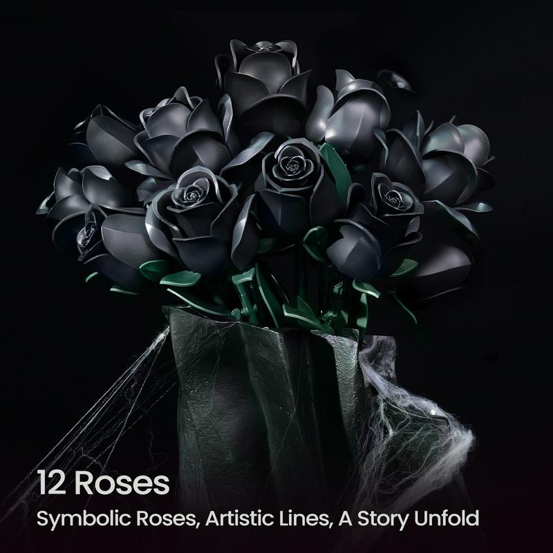 Black Rose Flower Bouquet Building Set, Black Rose Botanical Collection Blocks Kit Compatible for Adults Women, Artificial Flowers Gothic Decor for