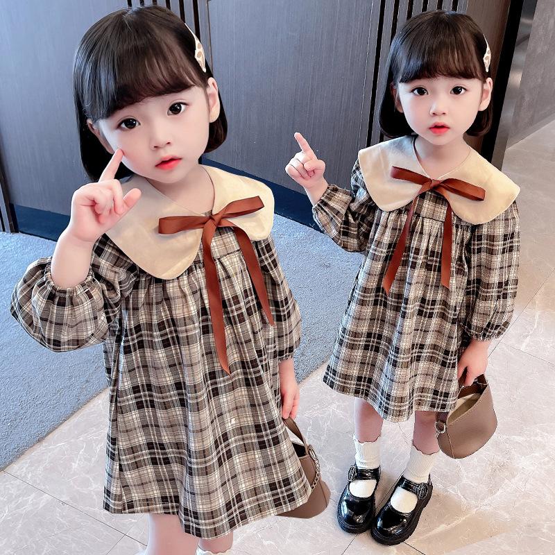 Girls Plaid Dress Spring Children Long Sleeve Fashion Princess Doll Collar Dresses for Baby Girl