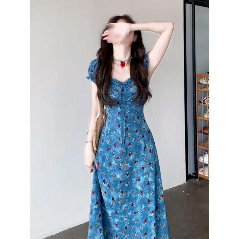 Chai Seventeen Summer Beautiful Small Skirt French Blue Floral Dress Women's Summer New Holiday Dress Foreign Style
