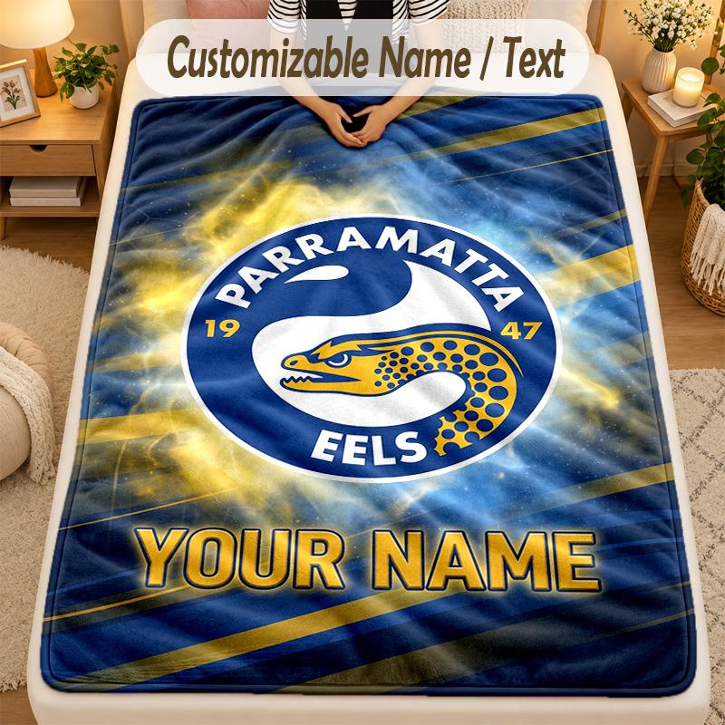 Flannel BlanketParramatta Eels Custom Name Text Personalized Soft Warm Throw Blanket Home Decor Gift
