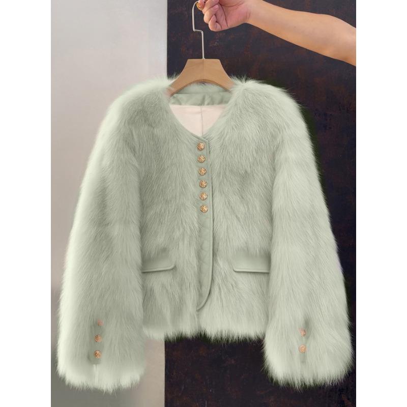 Dameskorte Nepvos Bontjas Leerafwerking Knopen Warm Winterjack